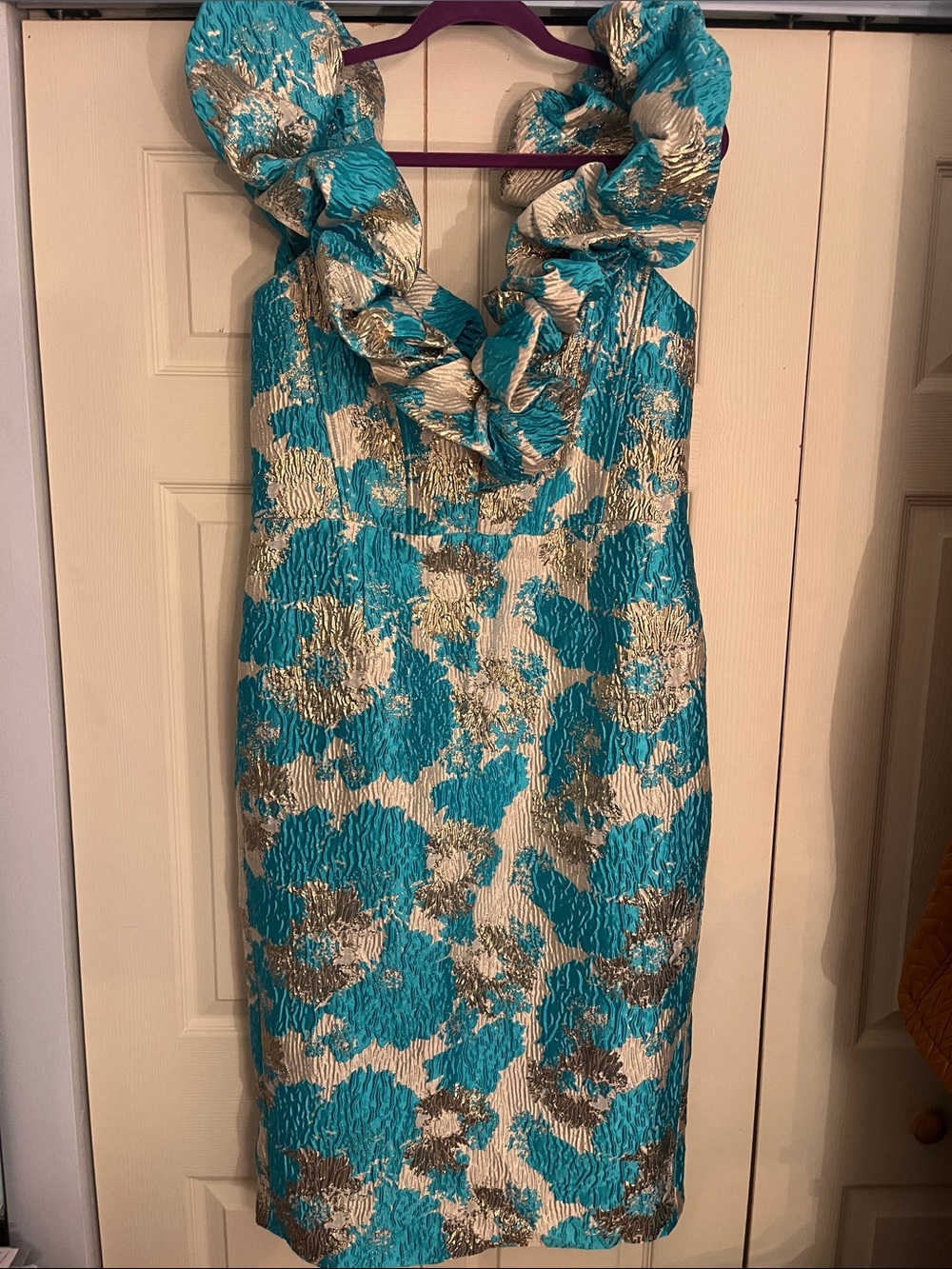 Turquoise and Gold Floral Textured Sheath Dress